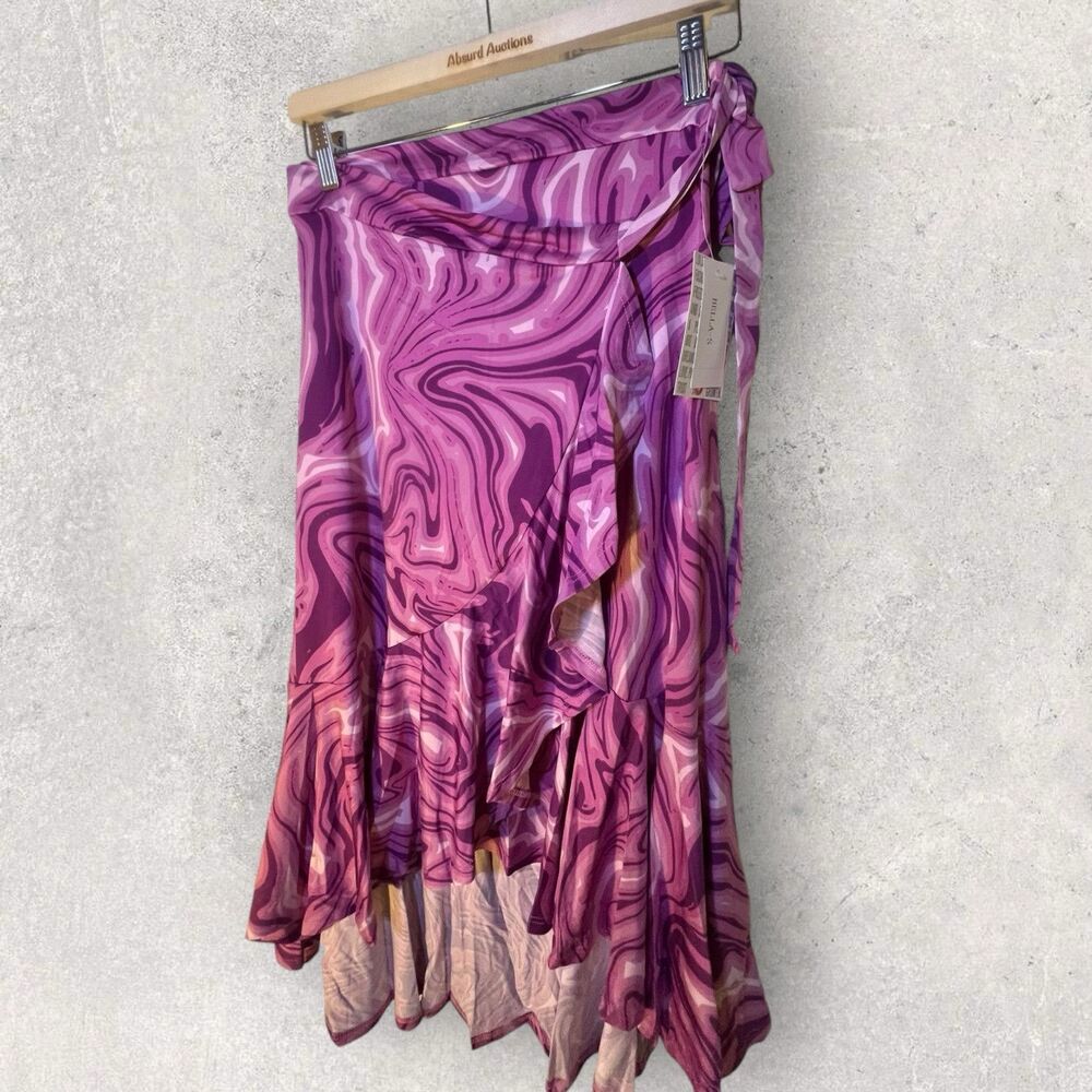 Lularoe Bella Wrap Skirt S NWT Pink Swirl Pattern Ruffle Casual Skirt
